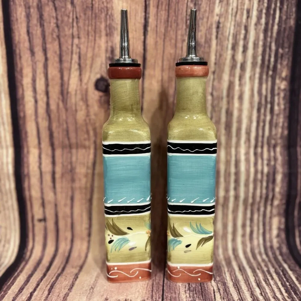 Hand Painted Ceramic Oil Vinegar Dispenser Salt Pepper Shaker Set
